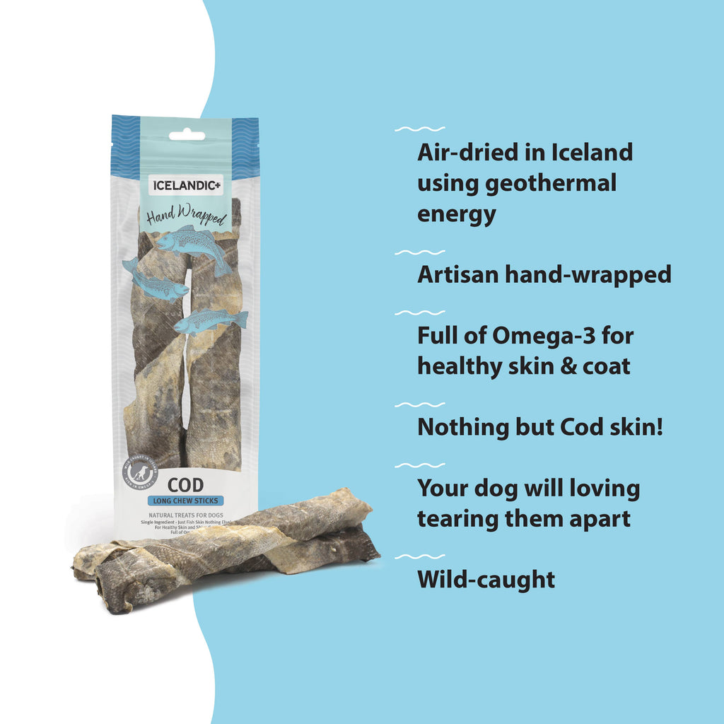 Icelandic+ Hand Wrapped Cod Skin 10" Long Chew Stick 2-Pack